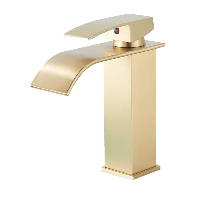 Csaptelep mosdóhoz, pultra szerelhető, egykaros, modern design, szálcsiszolt arany, rövid