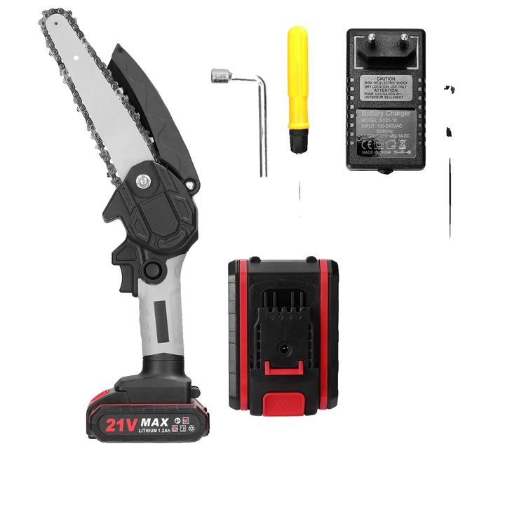 Fierastraie cu lant electric, design ergonomic, portabil, gri, 265x180x105mm, set cu 2 acumulatori 21V
