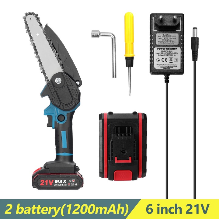 Mini fierastru cu lant electric, design ergonomic, utilizare fara fir, albastru, 265x180x105mm, 2 acumulatori 21V