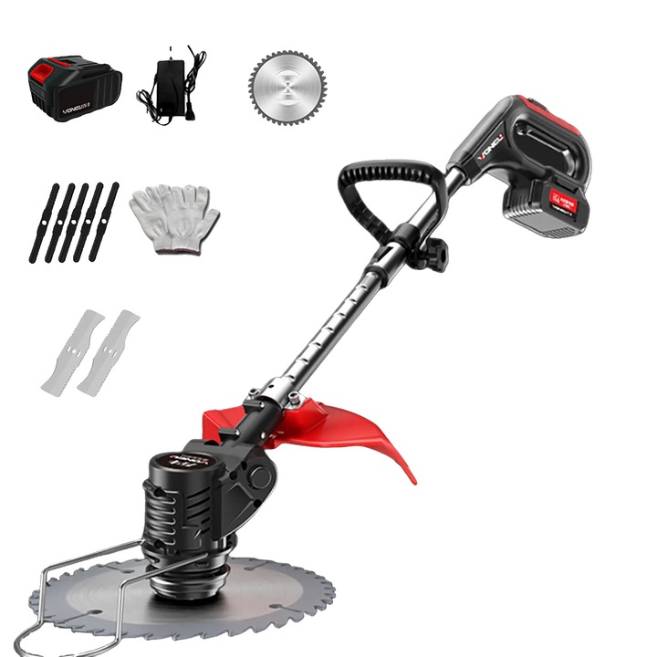 Motocoasa electrica, set cu tija telescopica, lungime ajustabila 90-120cm, 1 baterie, 650W, 15cm diametru de taiere