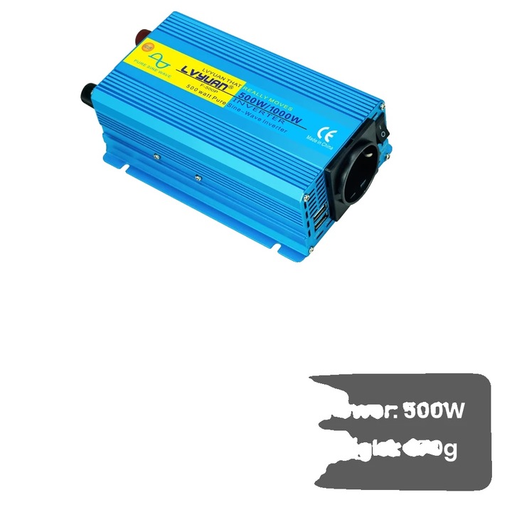 Inverter auto, 1000W putere continua, 2000W putere de varf, 12V, 240x112x60mm