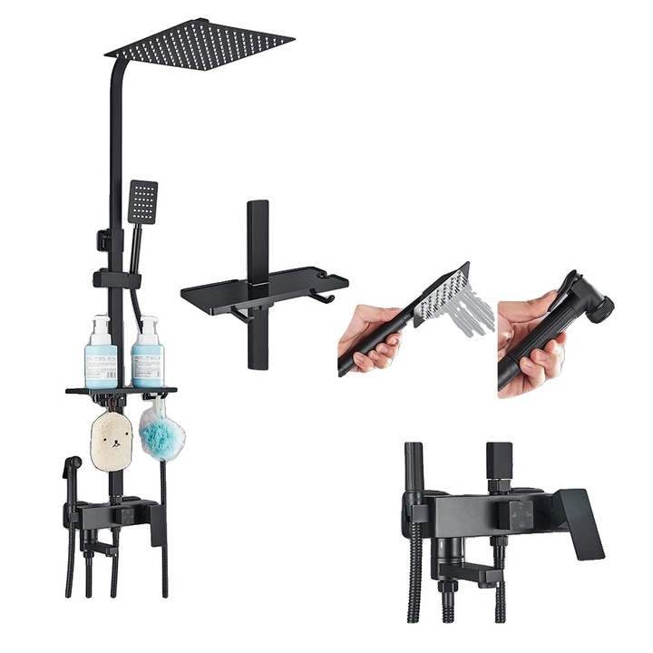 Set baterii de dus, design multifunctional, montare pe perete, negru, 12 inch