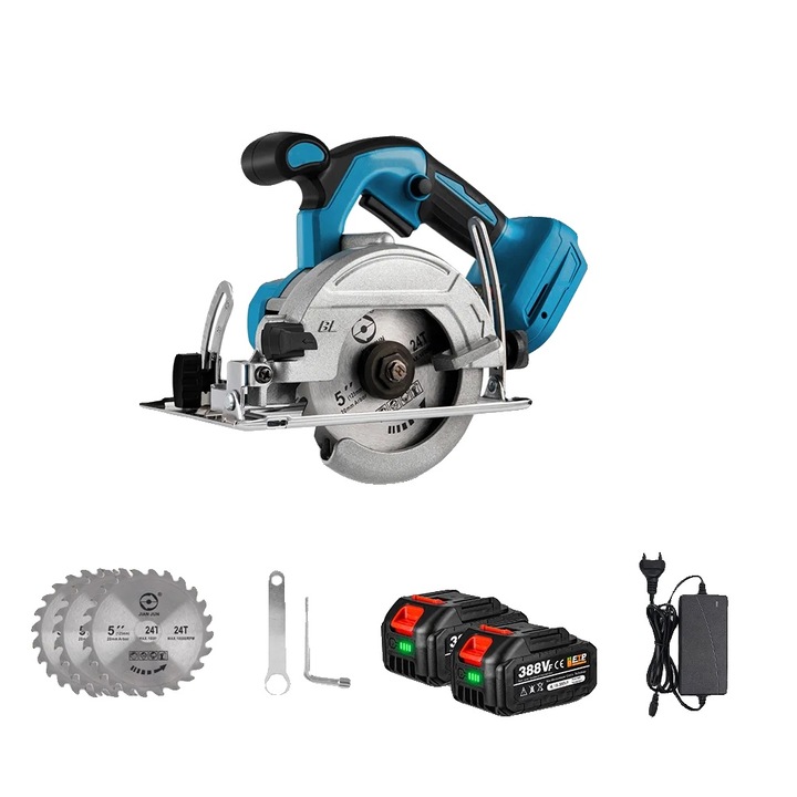 Fierastrau circular, motor fara perii, unghi de taiere ajustabil, set 2x3.0Ah baterii