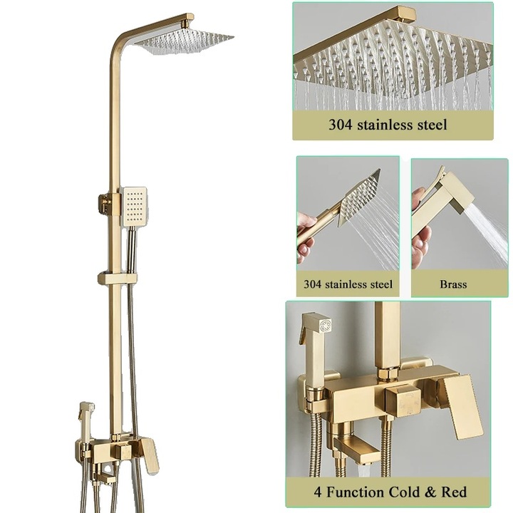 Set de dus, ALENARTWATER, cap de dus patrat 8 inch, suport de inaltime, crom/negru, 73x116cm