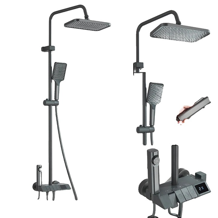 Coloana de dus, sistem cu cap de dus tip ploaie, afisaj digital, gri, montare pe perete