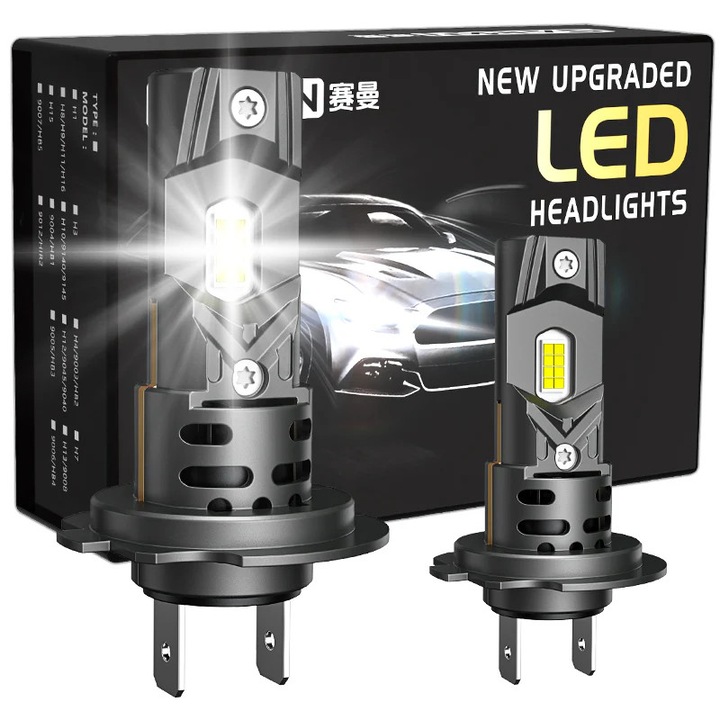 Becuri LED Auto H7 50W 5400LM Mini – Set LED Faruri 6000K Alb Rece, Design Compact 1:1 Halogen, Plug & Play