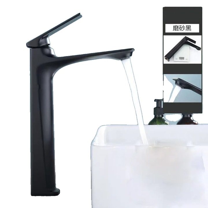 Fekete, rozsdamentes acél, egykaros mosdócsaptelep, pultra szerelhető