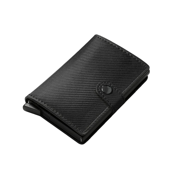 Portofel barbati, design minimalist, protectie RFID, negru carbon, dimensiuni compacte, capacitate 8 carduri