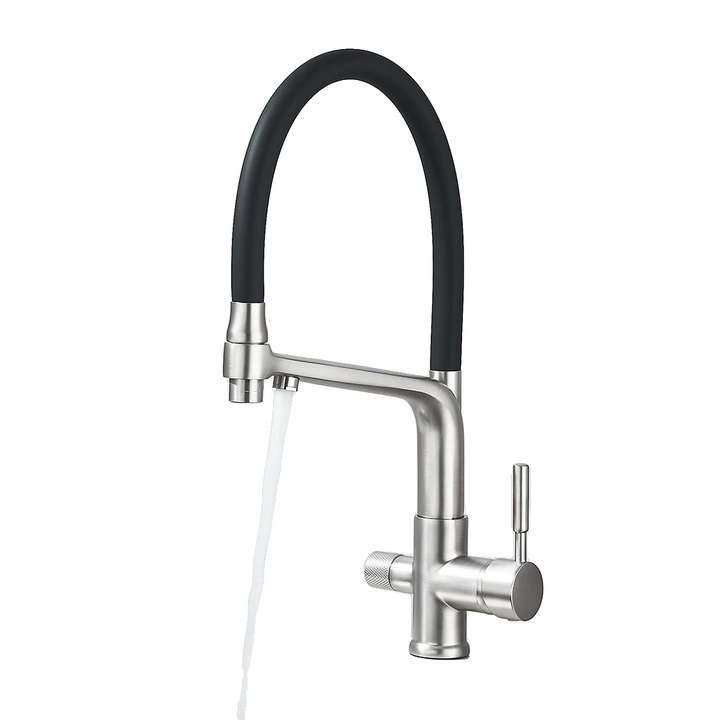 Csaptelep, meleg- és hidegvizes keverő, két fogantyús, munkalapra szerelhető, szálcsiszolt nikkel