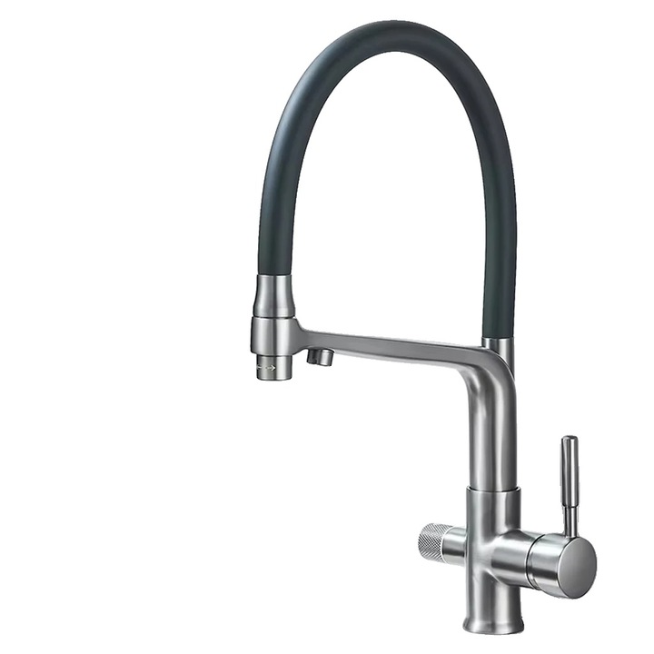 Szaniter csaptelep, hideg és melegvíz keverő, modern design, két fogantyú, hamuszürke, munkalapra szerelhető