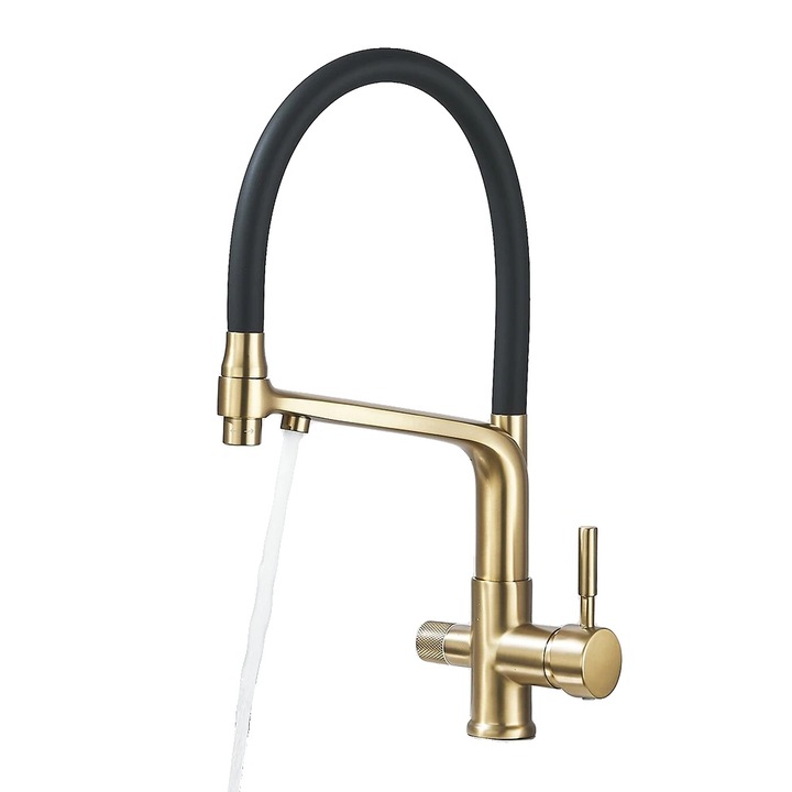 Csaptelep, meleg- és hidegvíz keverő, két fogantyús, asztallapra szerelhető, szálcsiszolt arany