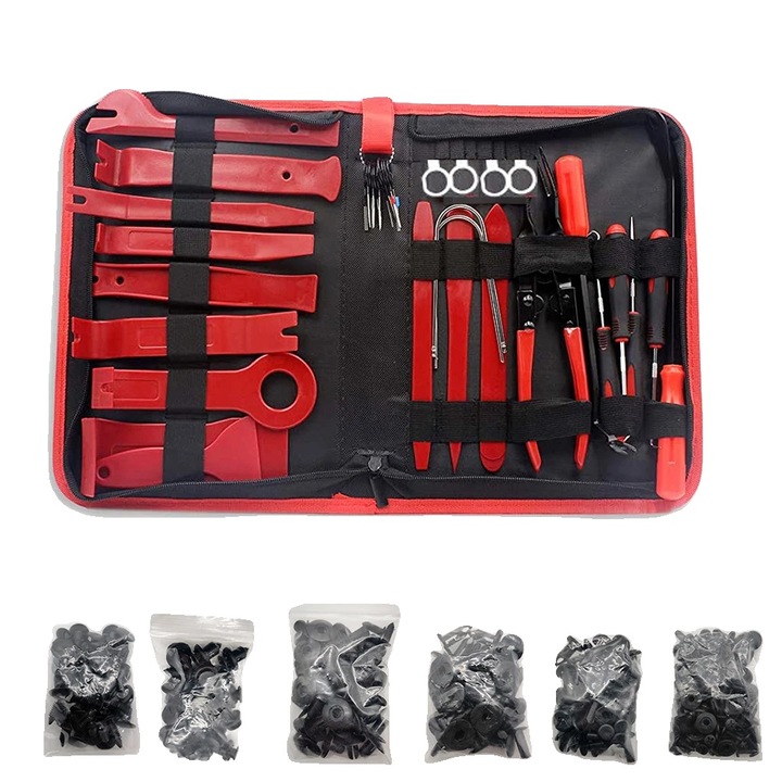 Set de unelte auto 38 piese, rosu, pentru demontare interior trim, 10x10x10cm
