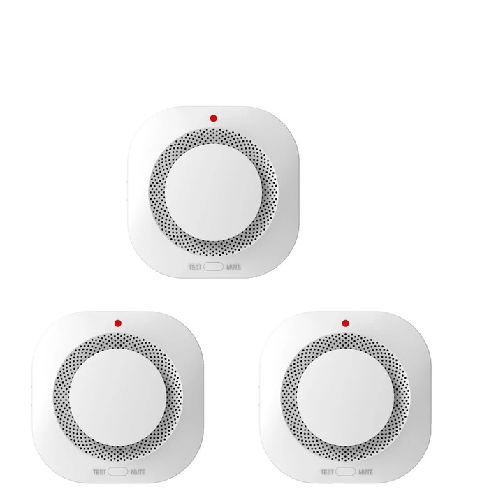 Set 3 Detectoare de Fum, Senzor Optic, Compatibilitate Smart Home, Alb, Dimensiuni compacte