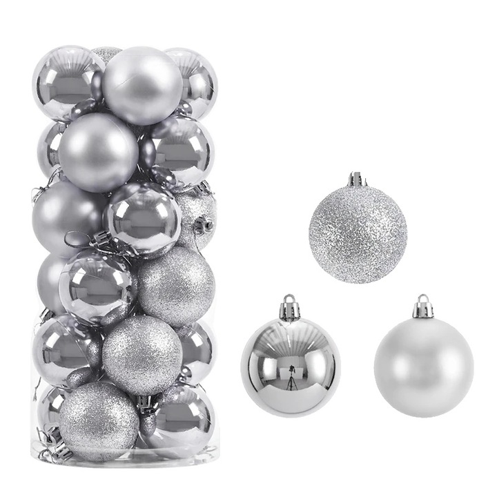 Globuri de Craciun, 24 bucati, argintii, 4cm, forma rotunda