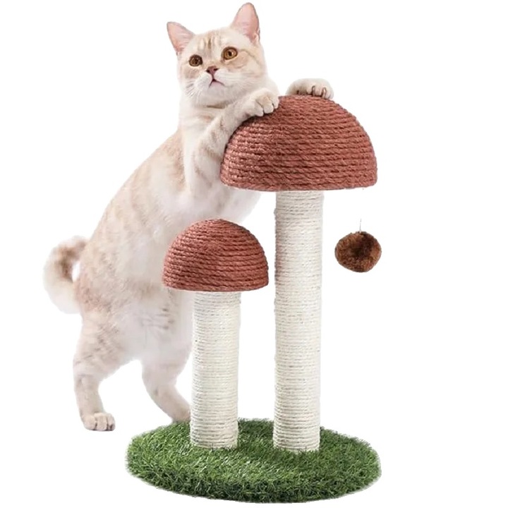 Ansamblu de joaca pentru pisici, design ciuperca, culoare maro, 47cm inaltime, baza 30x30cm