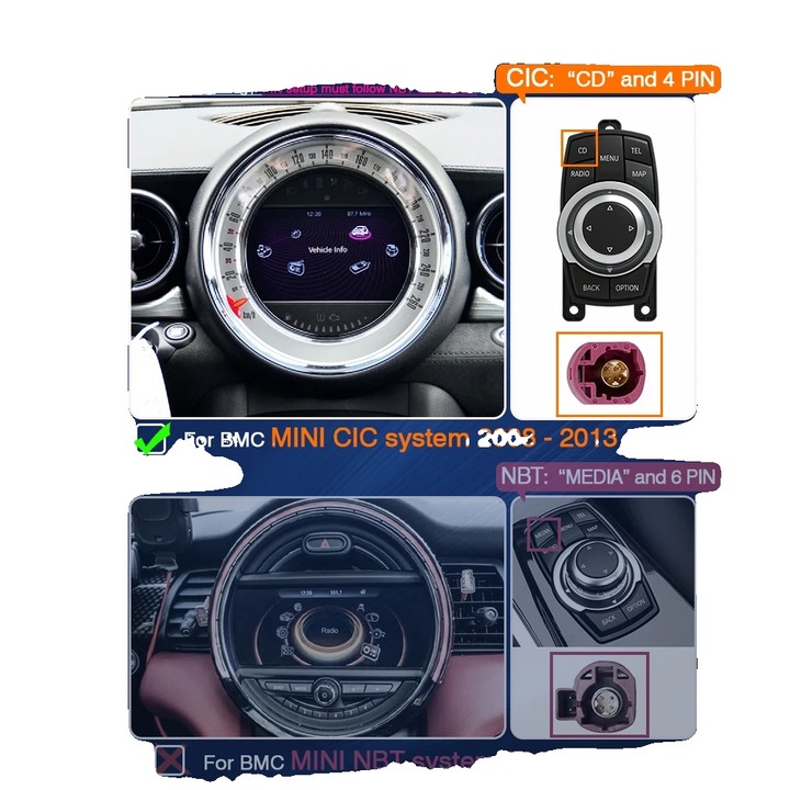 Modul de upgrade CarPlay si Android Auto, integrare wireless, pentru MINI CIC, compatibil cu ecrane originale 6.5-10.25 inch