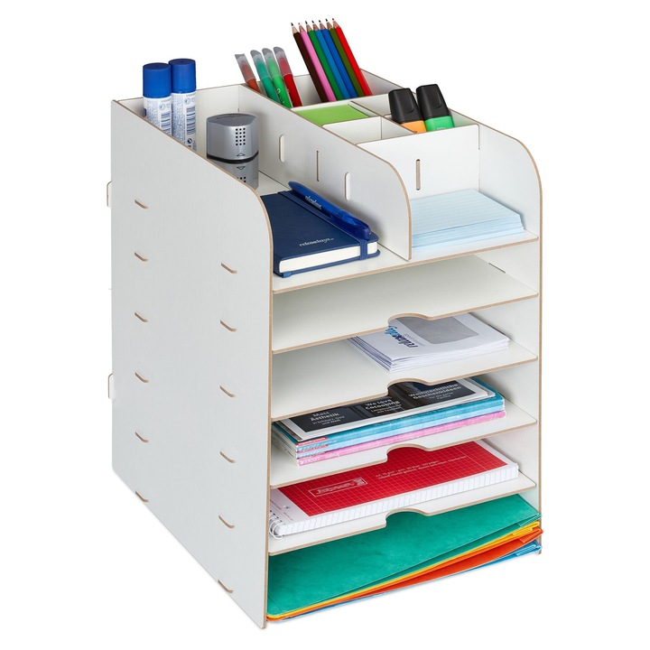 Organizator de birou cu 12 compartimente de depozitare, fabricat din MDF, 34.5 x 25 x 32 cm, Alb