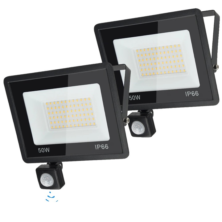Прожектор със сензор за движение, 2 бр., топло бяло (2700-3500K), 50W, водоустойчив