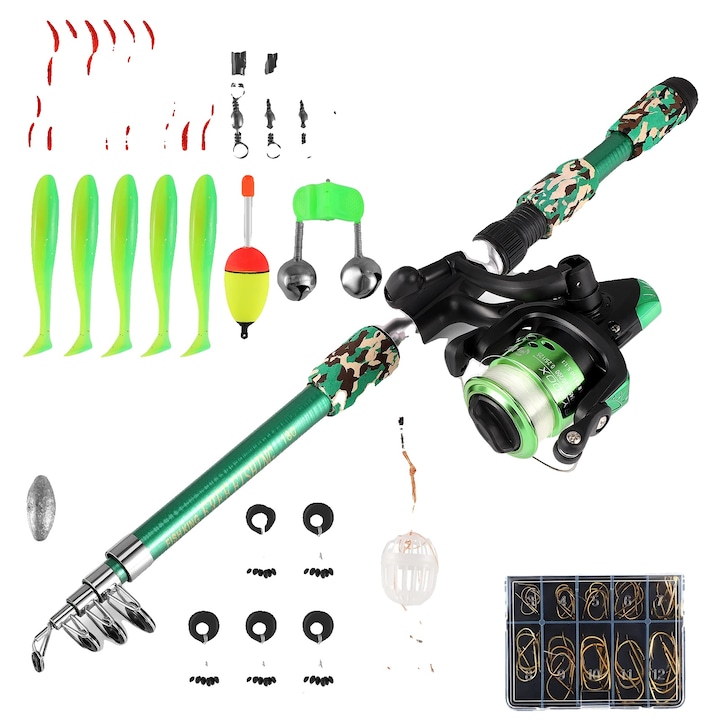 Set lansete pescuit telescopice, accesorii complete, verde, 1.8m