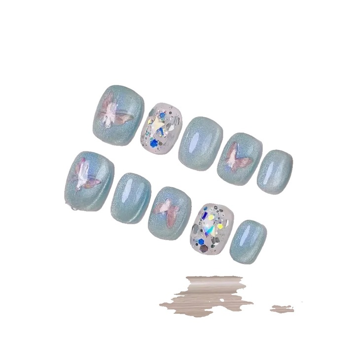 Изкуствени нокти, комплект от 10 броя, лесно нанасяне, модел пеперуда, размер XS