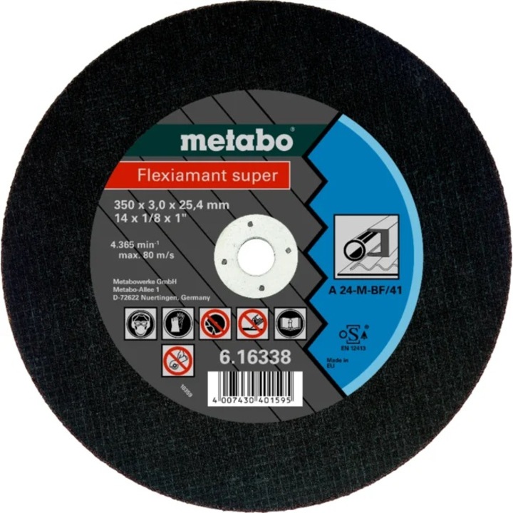 Disc de taiat metal, Metabo, 350x3x25.4mm, viteza maxima 80 m/s, pentru masini cu putere 3 kW