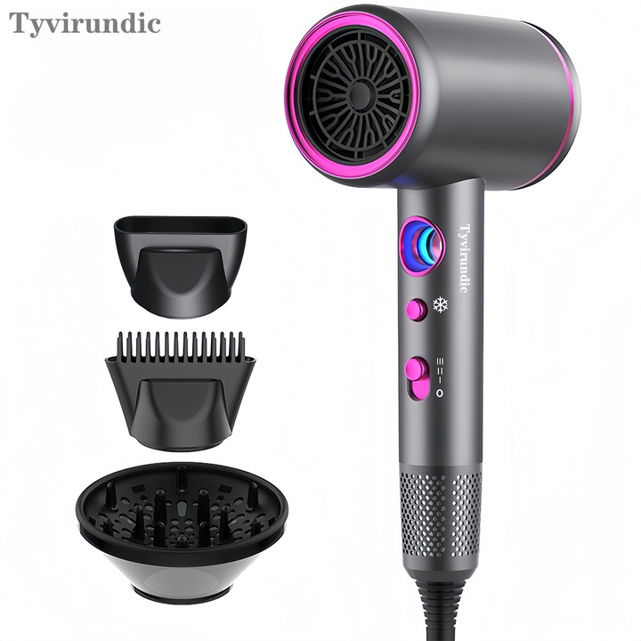 Uscator de par Tyvirundic 2400W, 3 trepte, cu difuzor si concentrator, gri roz
