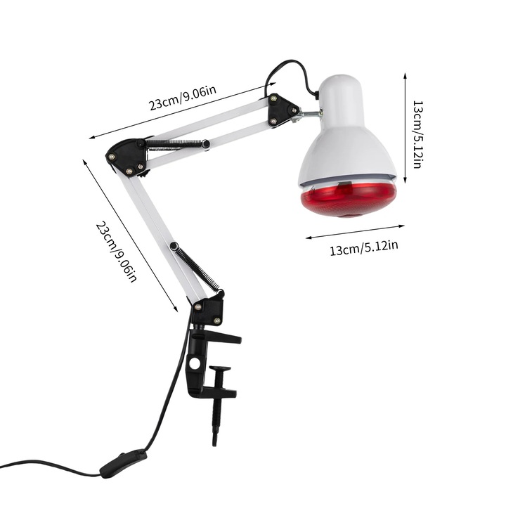 Lampa cu infrarosu pentru termoterapie, 150 W, Bec ceramic IR inclus, Aprox. 100°C, Suport reglabil 360°, Fier, Alb