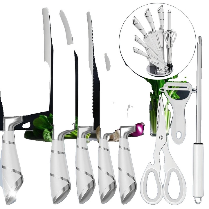 Set de cutite de bucatarie, constructie durabila, maner ergonomic, alb