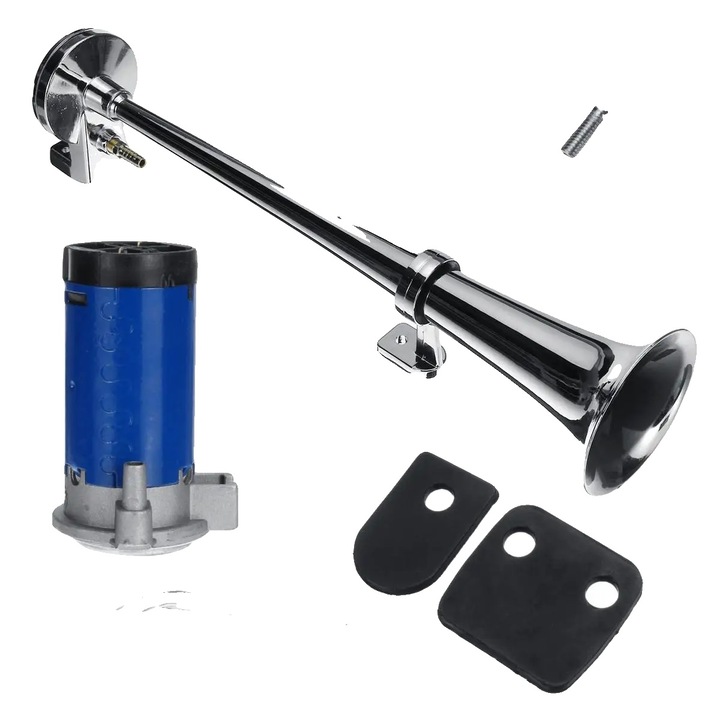Claxon auto, 178 dB, tip trompeta unica, 12V, 16.9x3.5x3 inch, material zinc cromat si ABS