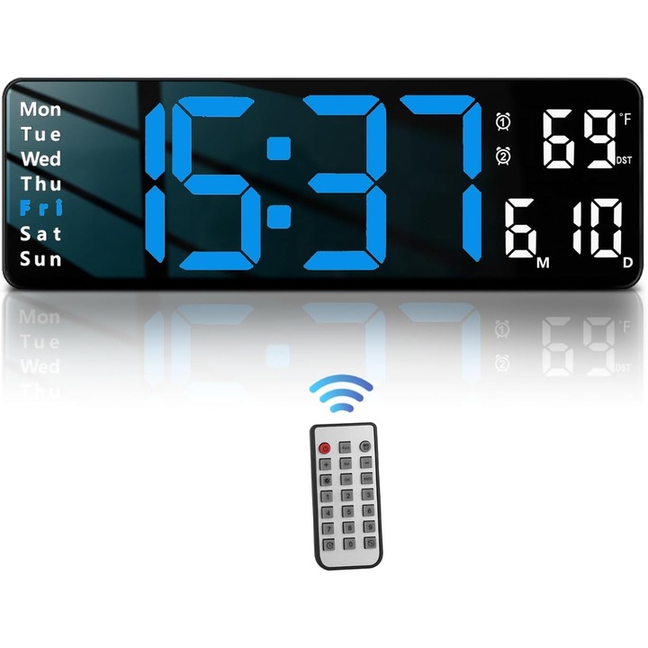 Ceas de perete digital mare cu ecran, ceas de perete LED de 32 cm, decoratiune pentru living, ceas digital cu functii de temperatura/ora de vara/reglare automata a luminozitatii/umiditate/iluminare - format 12/24 de ore, ceas digital silentios