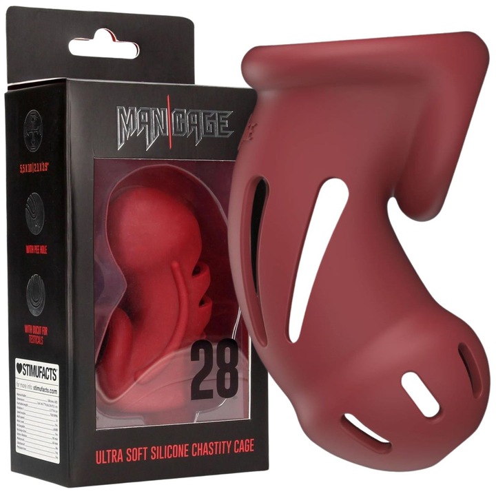 Cusca de castitate, ManCage, Model 28, silicon, rosu, 5,3x9,7x6,1cm