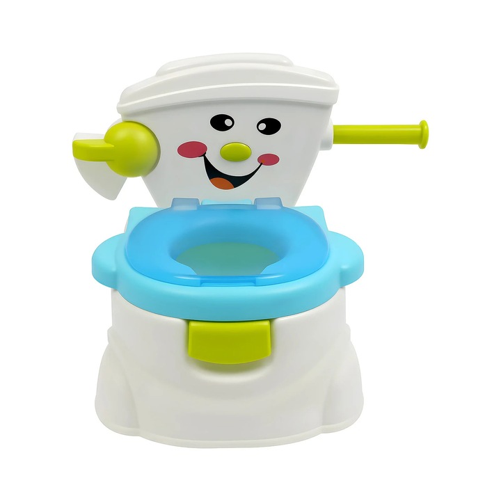 Olita portabila pentru copii, Olita de antrenament, Greutate maxima 60 kg, Varsta 6 luni–5 ani, Inaltimea sezutului 19 cm, Dimensiune 36×30×42 cm, Plastic PP, Model fata zambitoare, Albastru