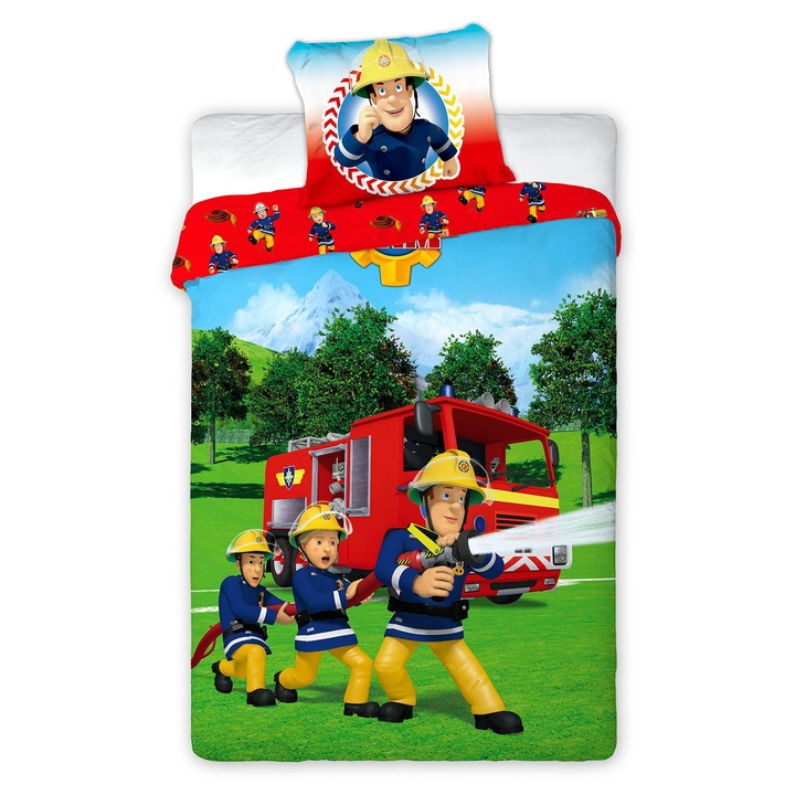 Lenjerie de pat FARO 160x200cm, Strazak Sam, multicolor, 100% bumbac, set 2 piese