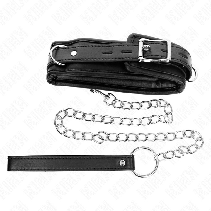 Set zgarda si lesa bondage KINK, model 1, 65 cm, reglabil, metal, piele ecologica, negru