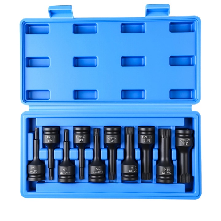 Set de chei cu impact, 10 piese, otel carbon, dimensiuni diverse, cutie de depozitare portabila