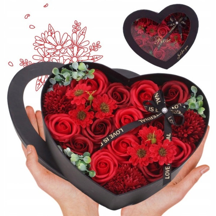 Buchet de flori parfumate din sapun Ecarla, cutie in forma de inima, rosu, 22cm