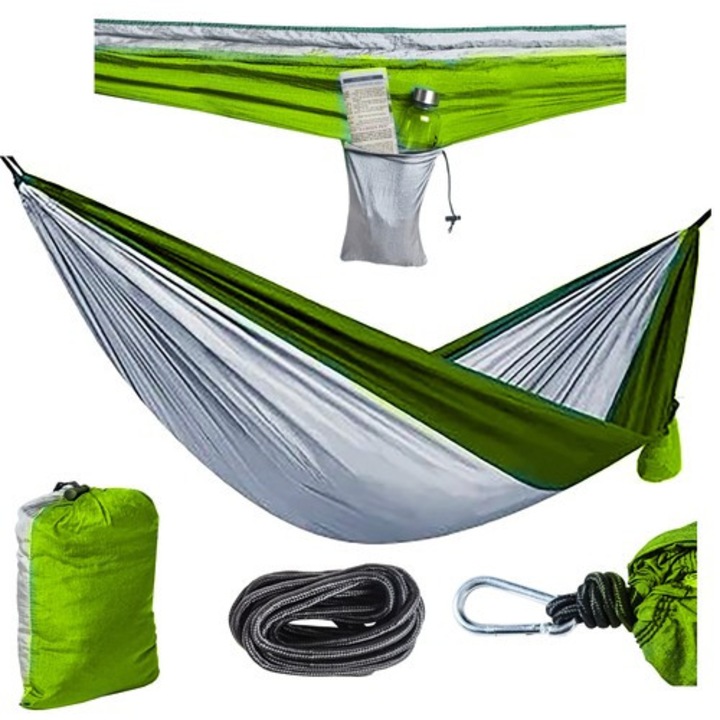 Hamak turistic, 260x131cm, verde-gri, set cu 2 carabiniere si 2 linii
