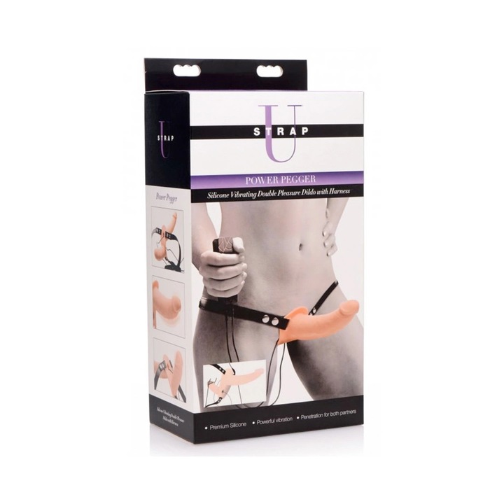 Centura strap-on cu vibrator dublu, XR Brands, 10 moduri de vibratie, silicon medical, negru/nude