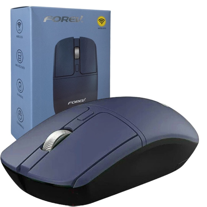 Mouse wireless Forev FV-386, Bluetooth 5.0 si 2.4G, design ergonomic, culoare albastra