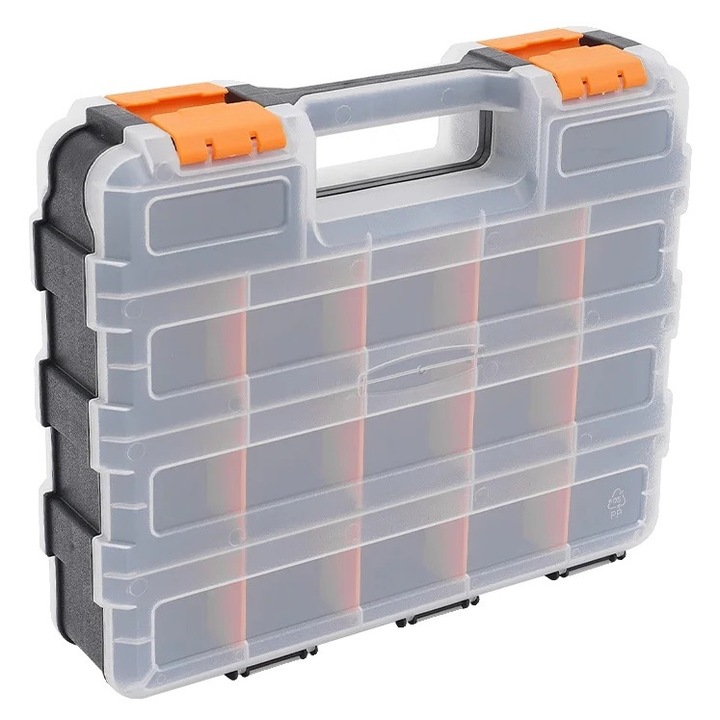 Szerszámosláda, 34 rekeszes, állítható elválasztókkal, fekete és átlátszó, 32x27x8cm