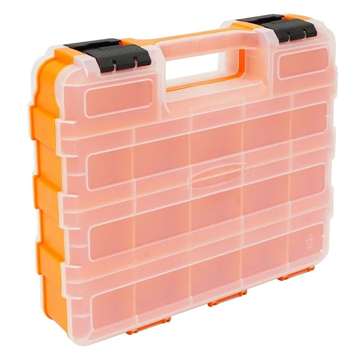 Szerszámosláda, 34 rekeszes, állítható elválasztók, narancssárga és átlátszó, 32x27x8cm