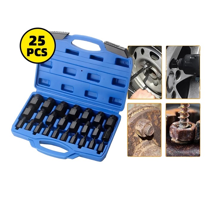 Set extractor suruburi 25 piese, otel crom de inalta duritate, dimensiuni 1/8" - 7/8", design spiral stangaci