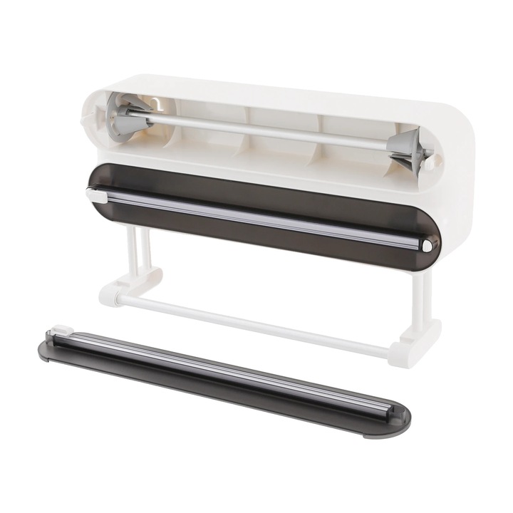 Dispenser pentru folie alimentara, montat pe perete, design multifunctional, negru translucid, 37.2x21.3cm