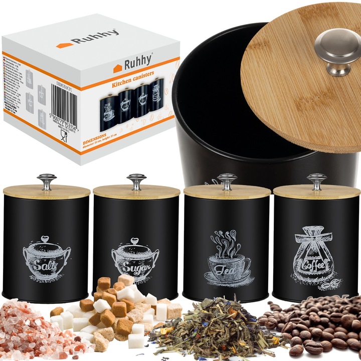 4 db élelmiszertároló készlet, matt fekete, 1,5 liter űrtartalom, modern design, Ruhhy
