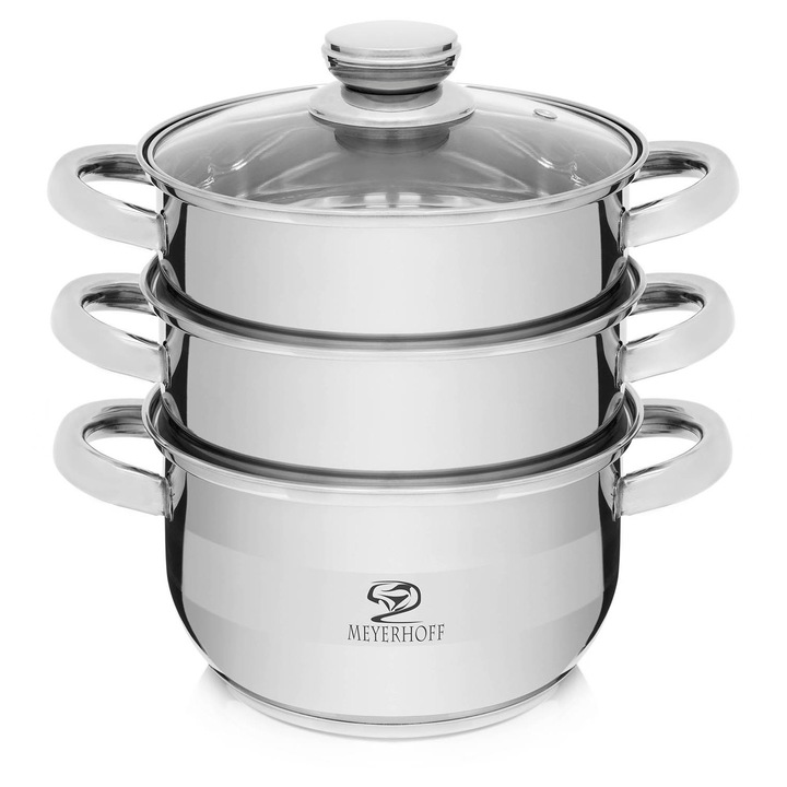 Oala cu aburi 3 piese, Tragar, 22cm, inox, capac din sticla