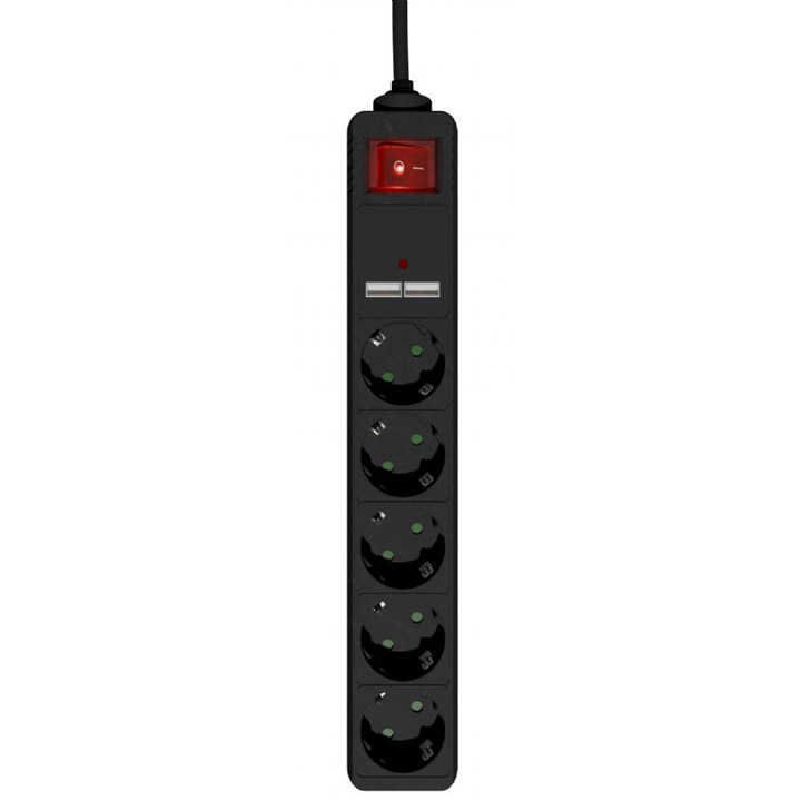 EnerGenie hosszabbító, SPG5-U2-5-02, 5 aljzat, 1.5m, USB 2A, fekete