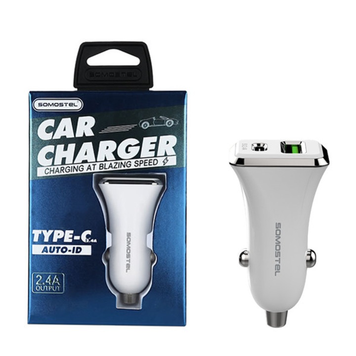 Incarcator auto SOMOSTEL 28W, USB-C si USB-A, alb