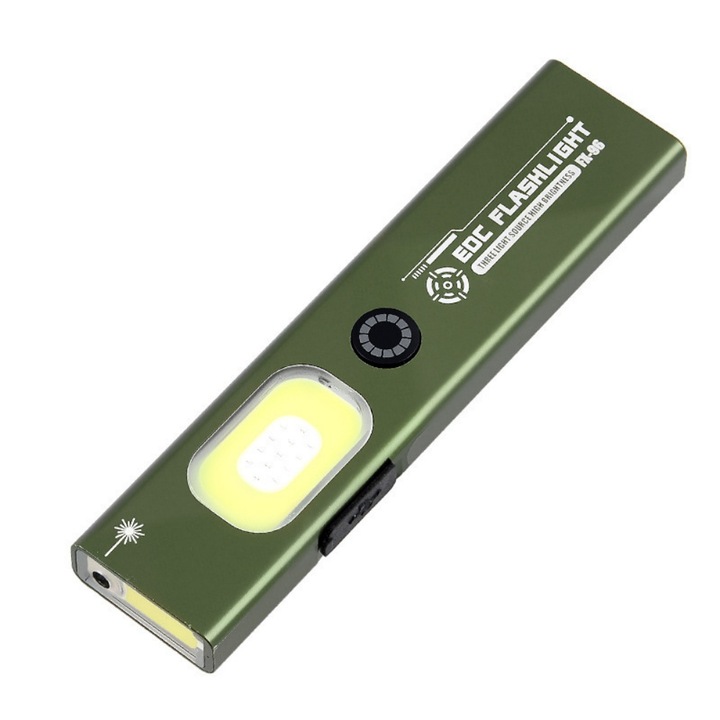 Преносим фенер, конструкция от алуминиева сплав, 107 × 65 × 10 мм, литиева батерия, удължена автономност, подходящ за употреба на открито, бързо зареждане, цвят армейско зелено