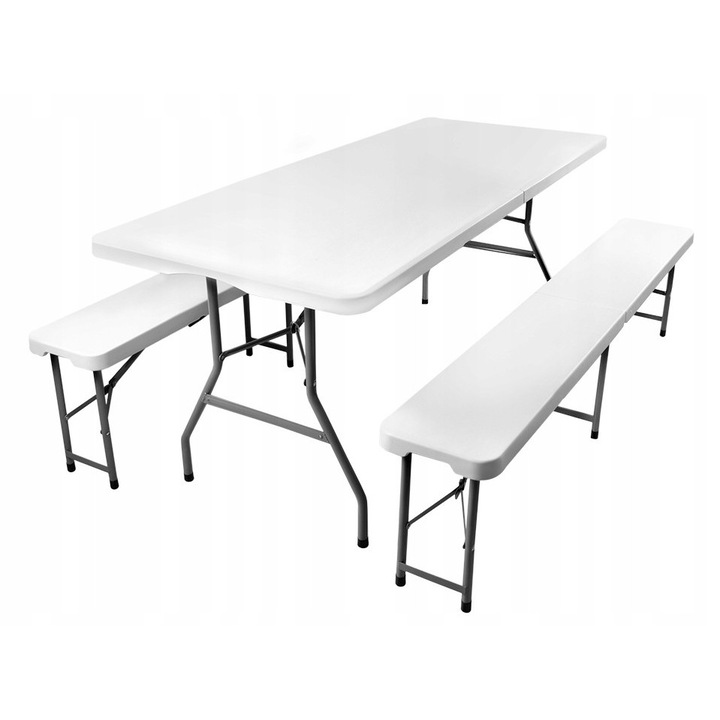 Kerti bútor szett, összecsukható asztal 180cm, 2 pad, világosszürke, méretek 180x75,5x73cm, 183,5x28x43cm