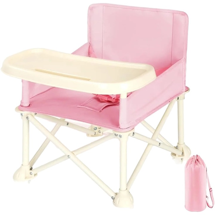 Scaun de masa pentru bebe, design pliabil, roz, dimensiuni compacte